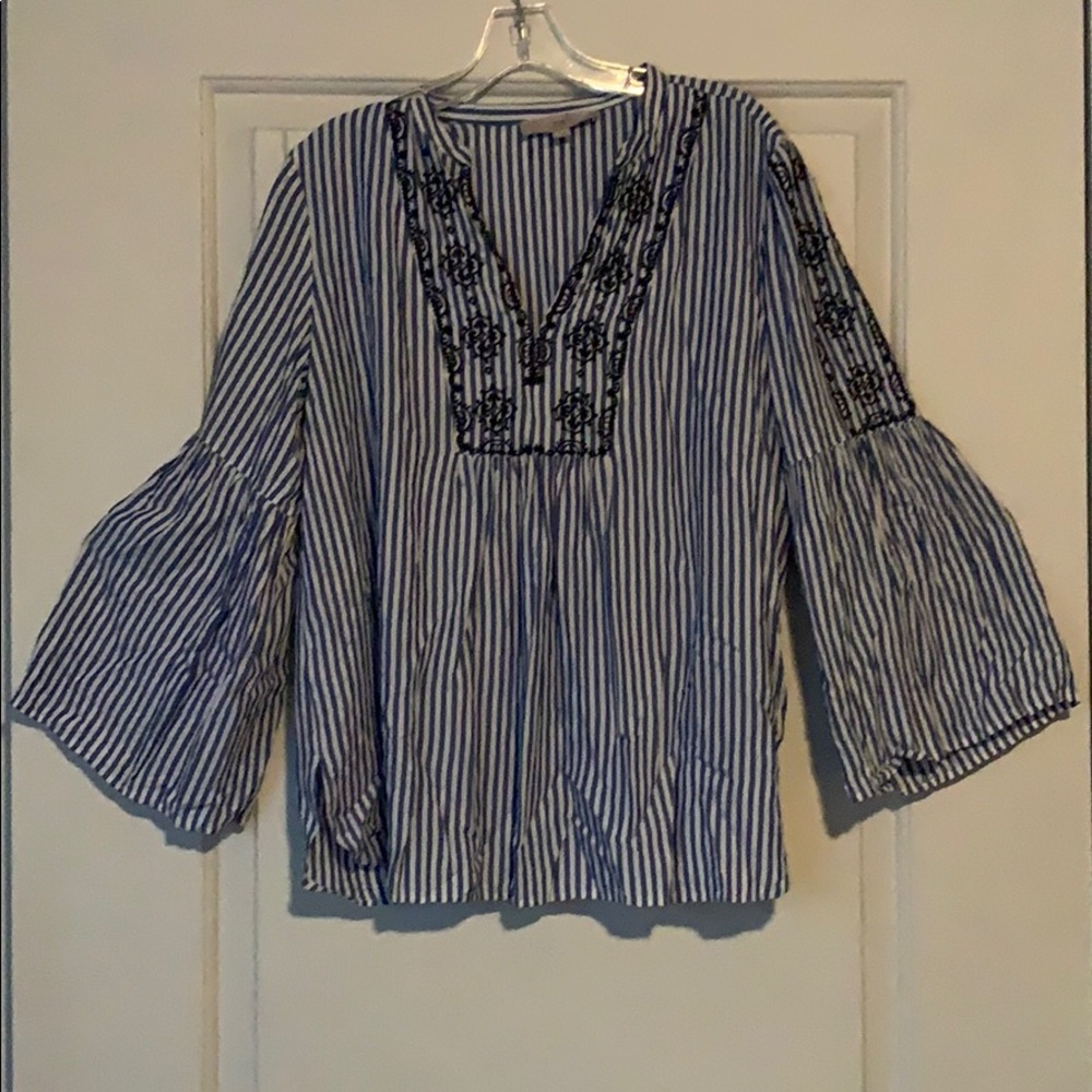 Loft Blue&White Stripe, Bell Sleeve Blouse, Size L